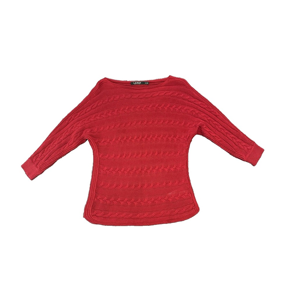 Lauren Ralph Lauren Womens Red Cable Knit Sweater M Dolman Sleeve Boat Neck